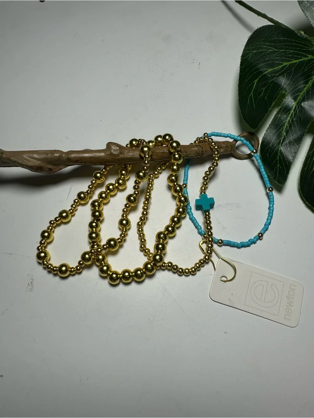 Newton Gold and Turquoise Layered Stretch Bracelet Set with Cross Accent